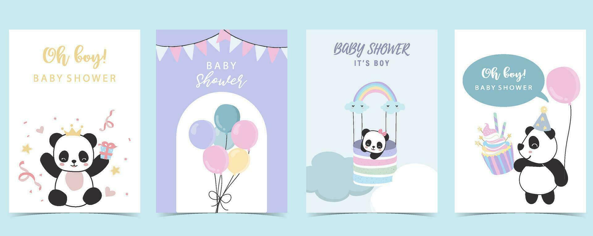 bebé ducha invitación tarjeta para chico con panda, nube, globo, azul vector