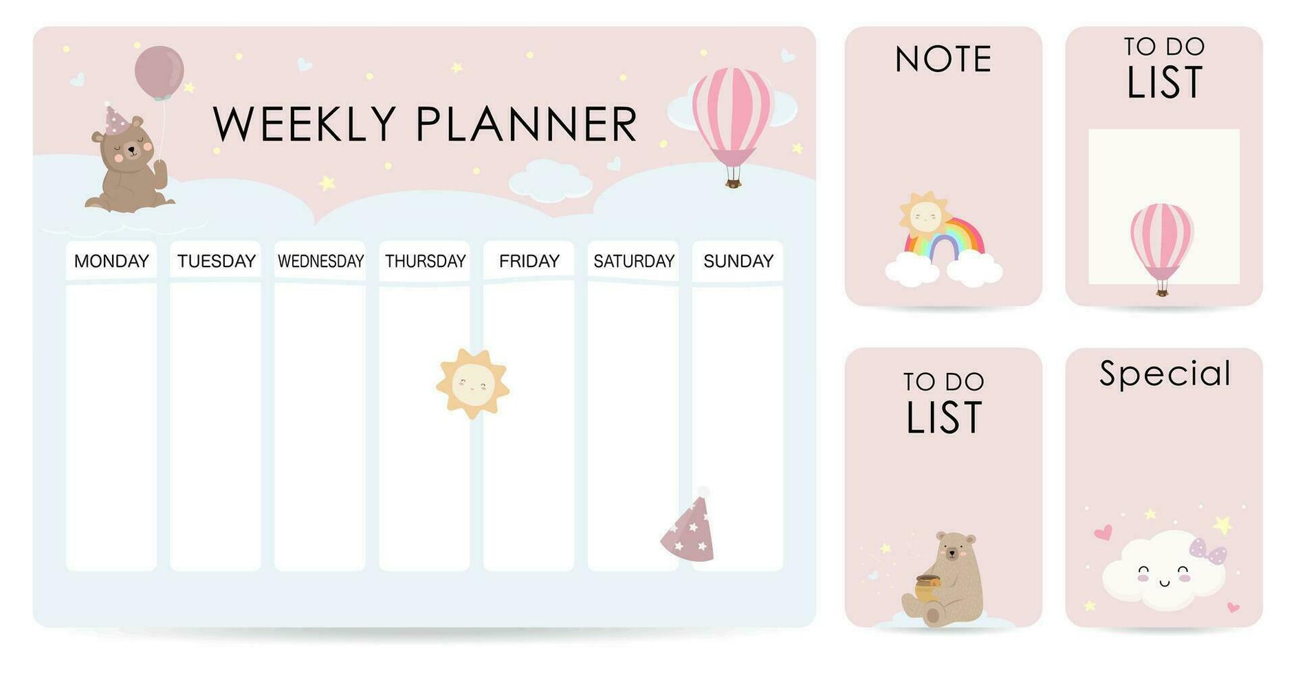 cute weekly planner background with cloud,balloon,sky.Vector illustration for kid and baby.Editable element vector