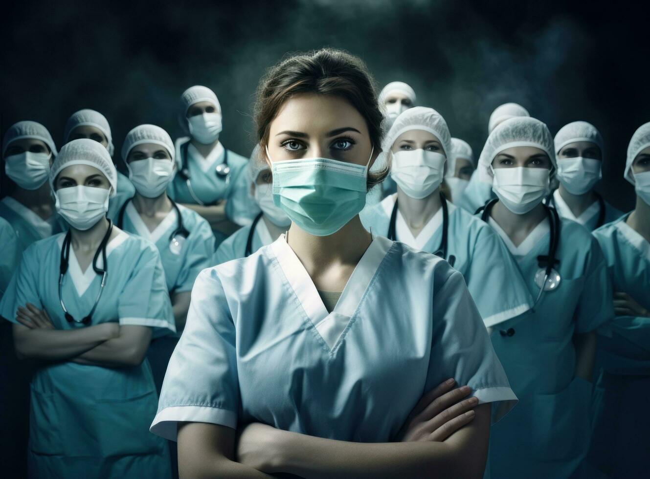 Group of doctors and nurses showing face masks in hospital photo