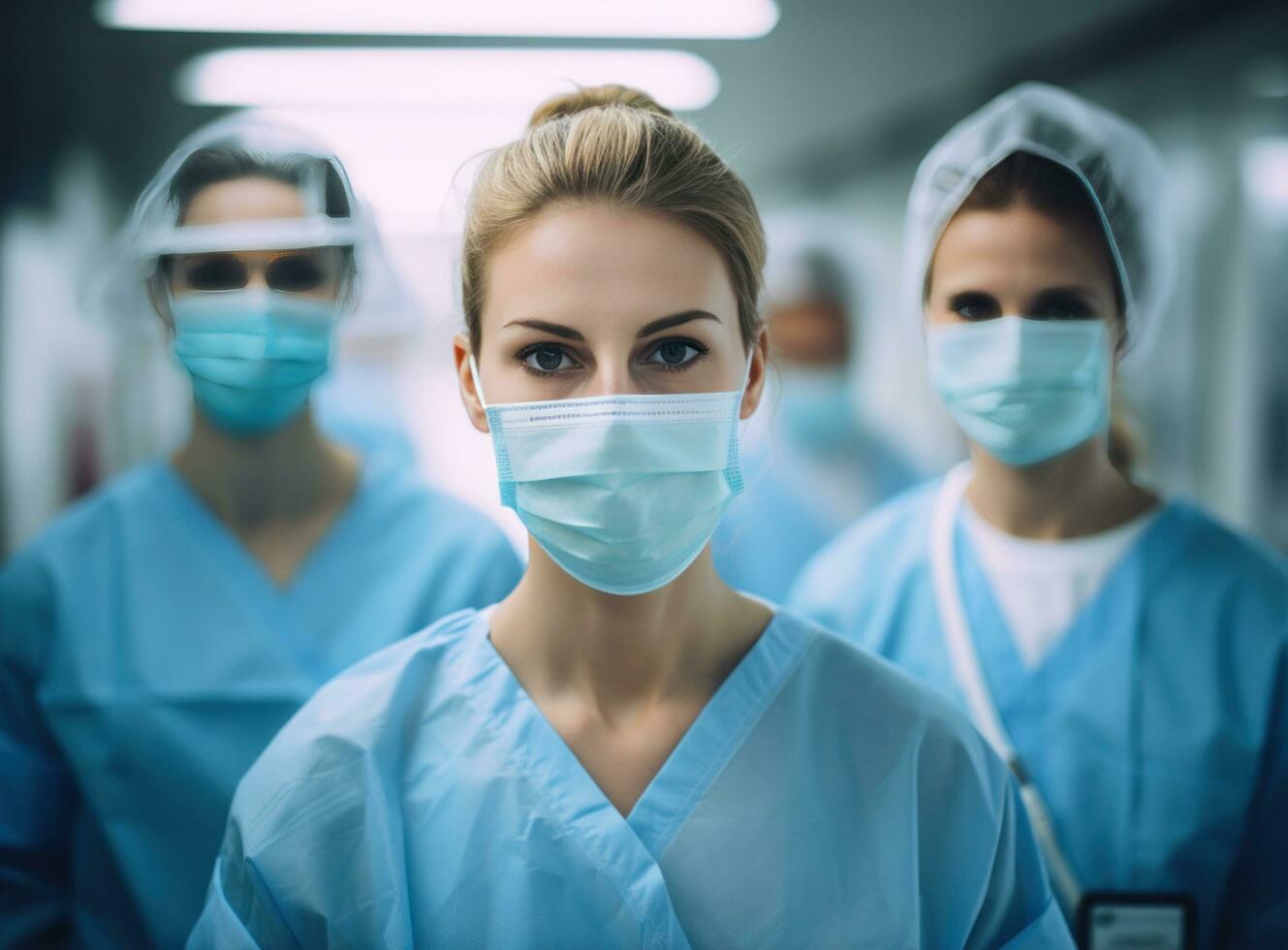 Group of doctors and nurses showing face masks in hospital photo
