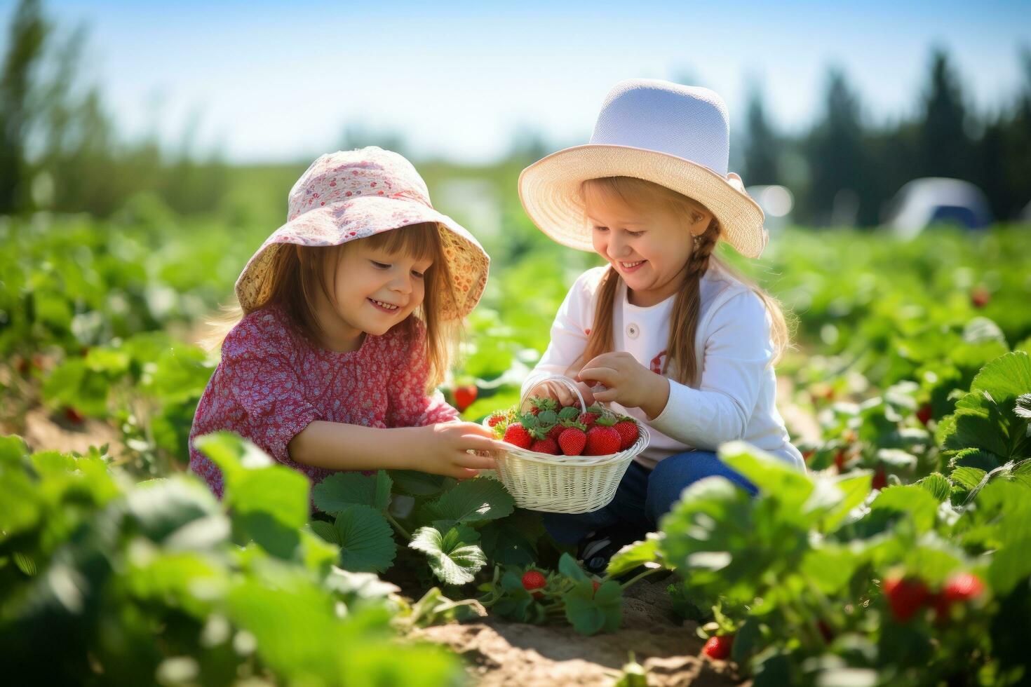 muchachas con fresas en soleado día foto