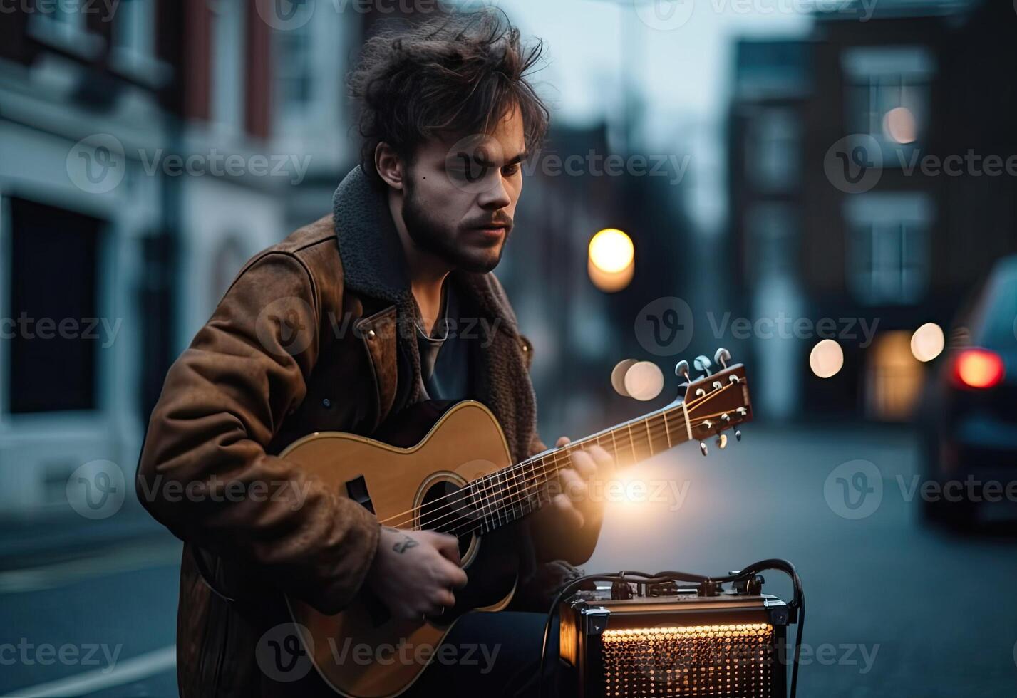 un hombre sentado en el calle jugando un acústico guitarra ai generativo foto