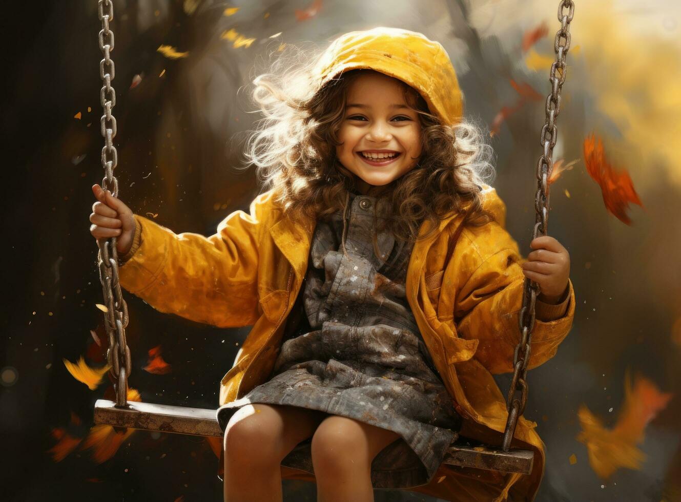 Girl plays on a swing with wind while autumn leaves fly in the air photo