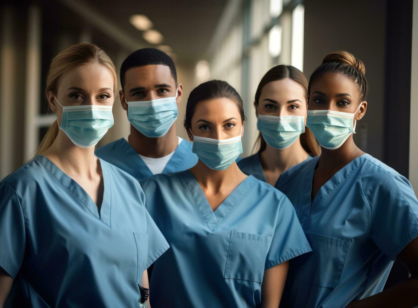 grupo de doctores y enfermeras demostración cara mascaras en hospital foto