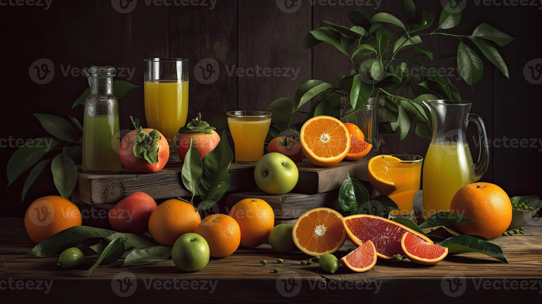 A glass of orange juice and orange AI Generative juice in a glass jug with fresh fruits on wooden table. Orange juice and fresh fruits still life. photo