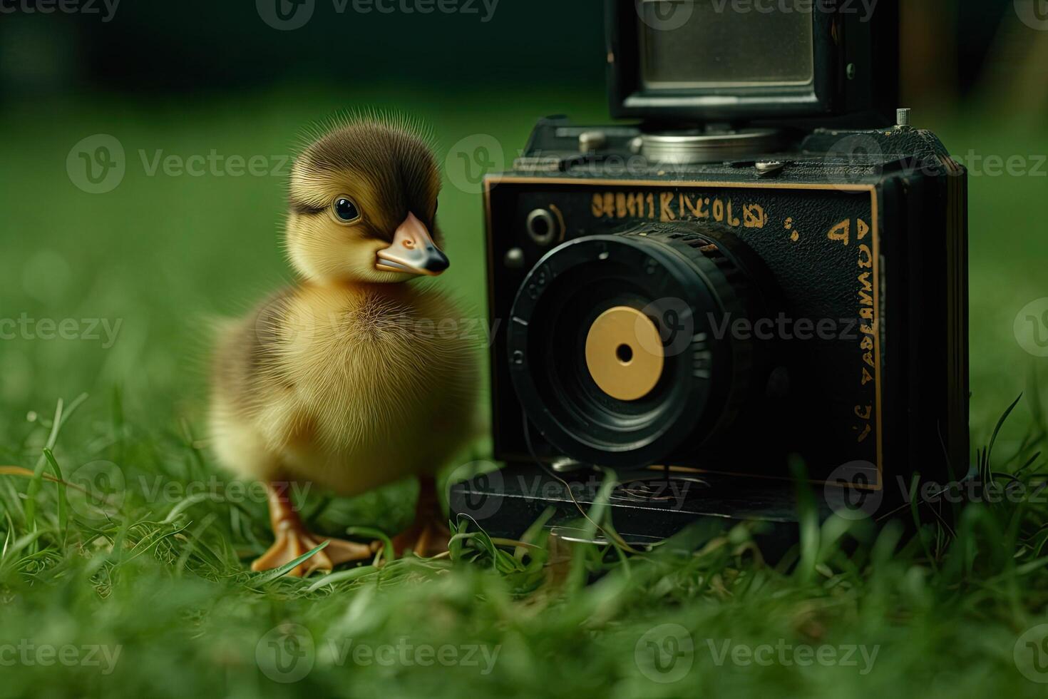 Ducklings in the middle of the grass with the camera AI Generative photo