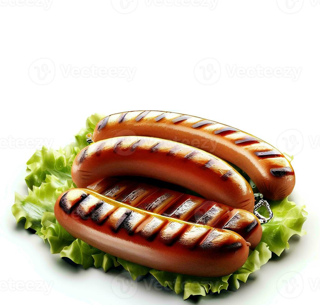 Grilled pork sausages with lettuce isolated on white background AI Generated photo