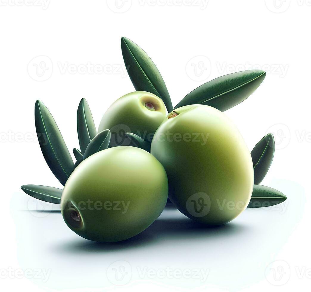 green olives with leaves on white background AI Generated photo