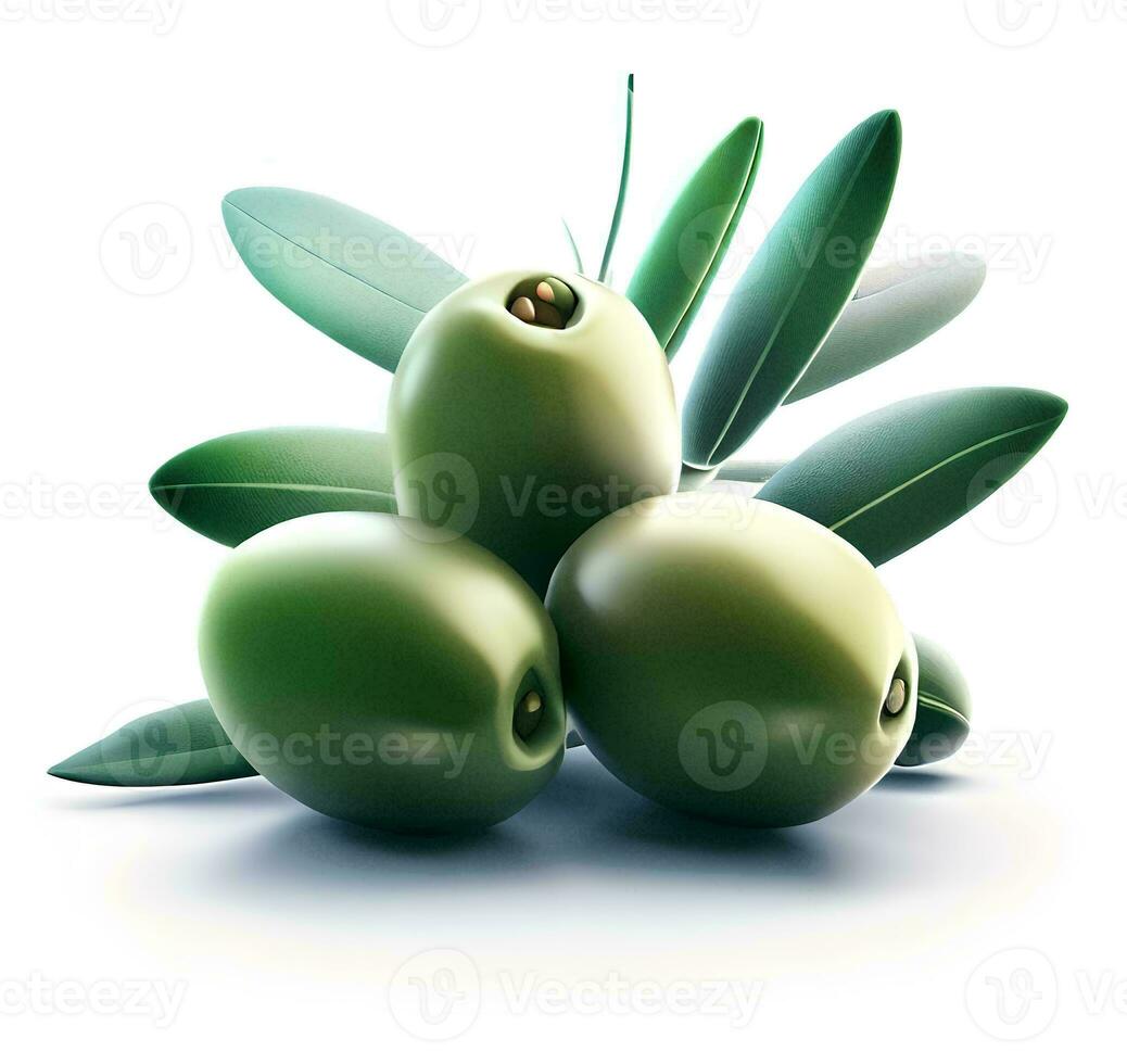 green olives with leaves on white background AI Generated photo