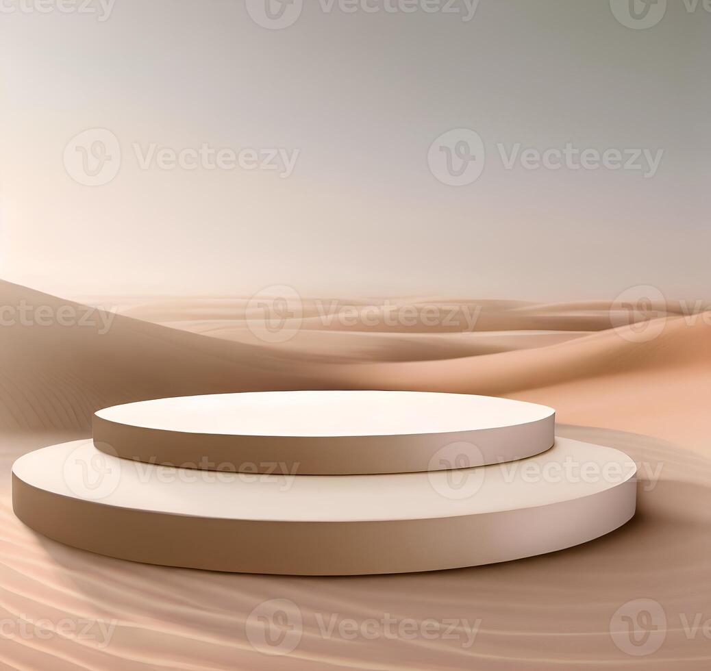 Round podium in the desert for display product. Background for cosmetic product branding, identity and packaging photo