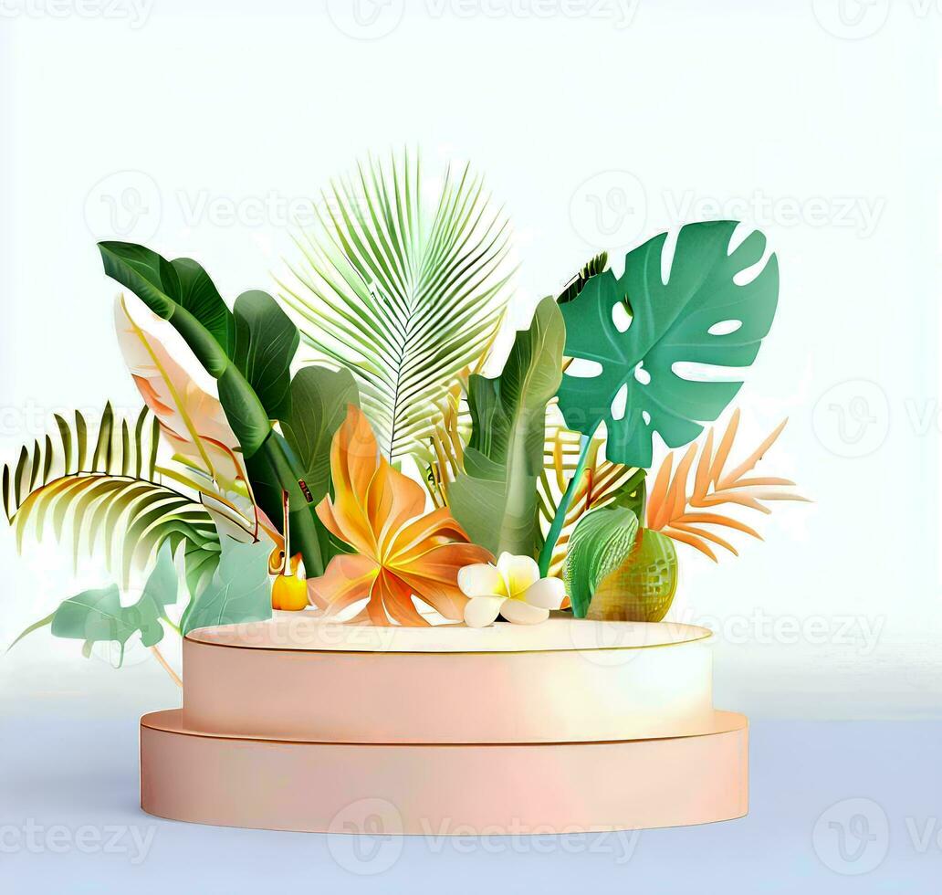Summer themed tropical podium for display product. Background for cosmetic product branding, identity and packaging isolated on white background with empty space AI Generated photo
