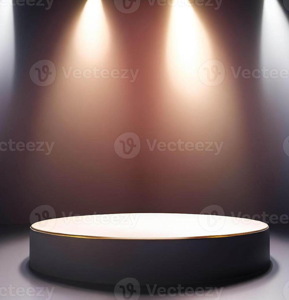 Round podium illuminated by lights, product presentation background withe empty space around it photo