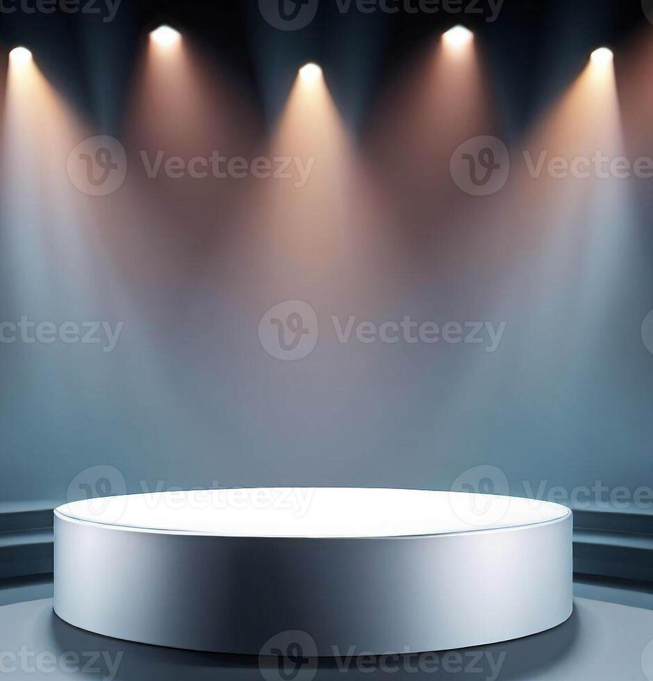 Round podium illuminated by lights, product presentation background withe empty space around it photo