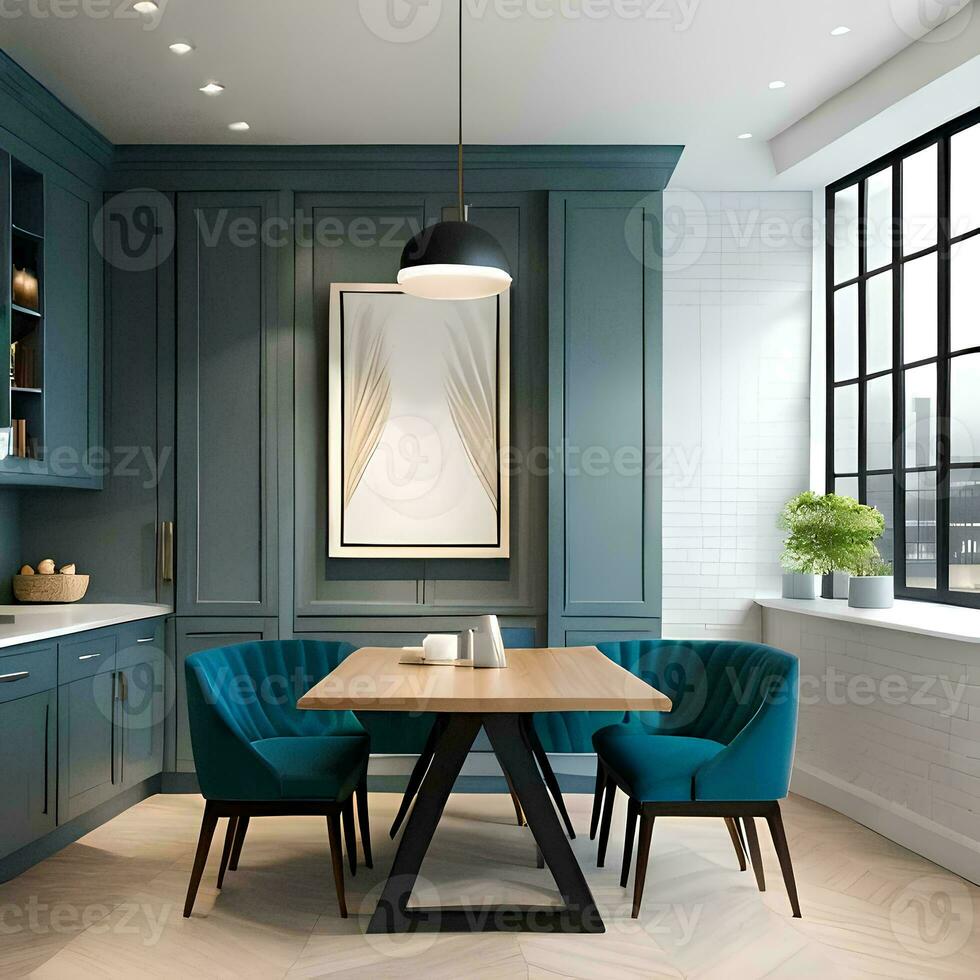 clean design breakfast nook with modern minimalist design, empty framed template of artwork, poster blank mockup AI Generated photo