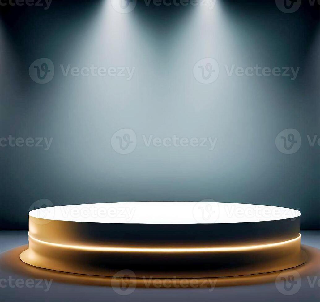 Round podium illuminated by lights, product presentation background withe empty space around it photo