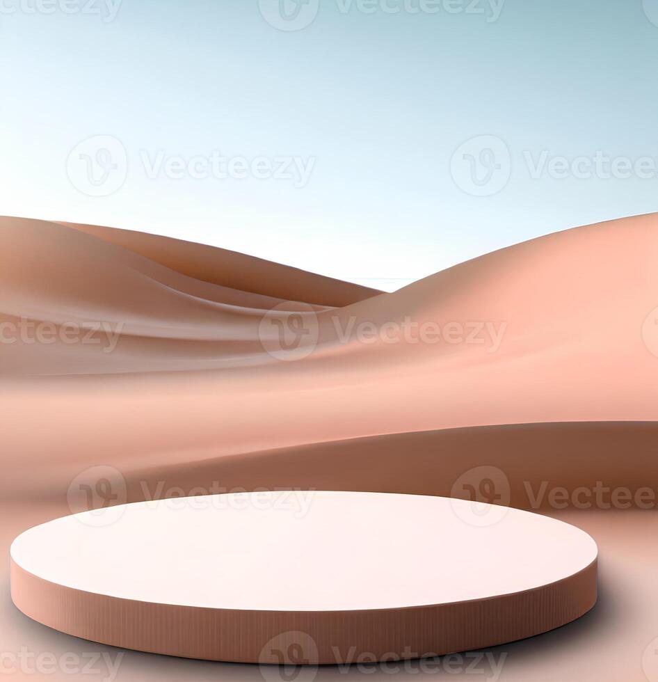 Round podium in the desert for display product. Background for cosmetic product branding, identity and packaging photo