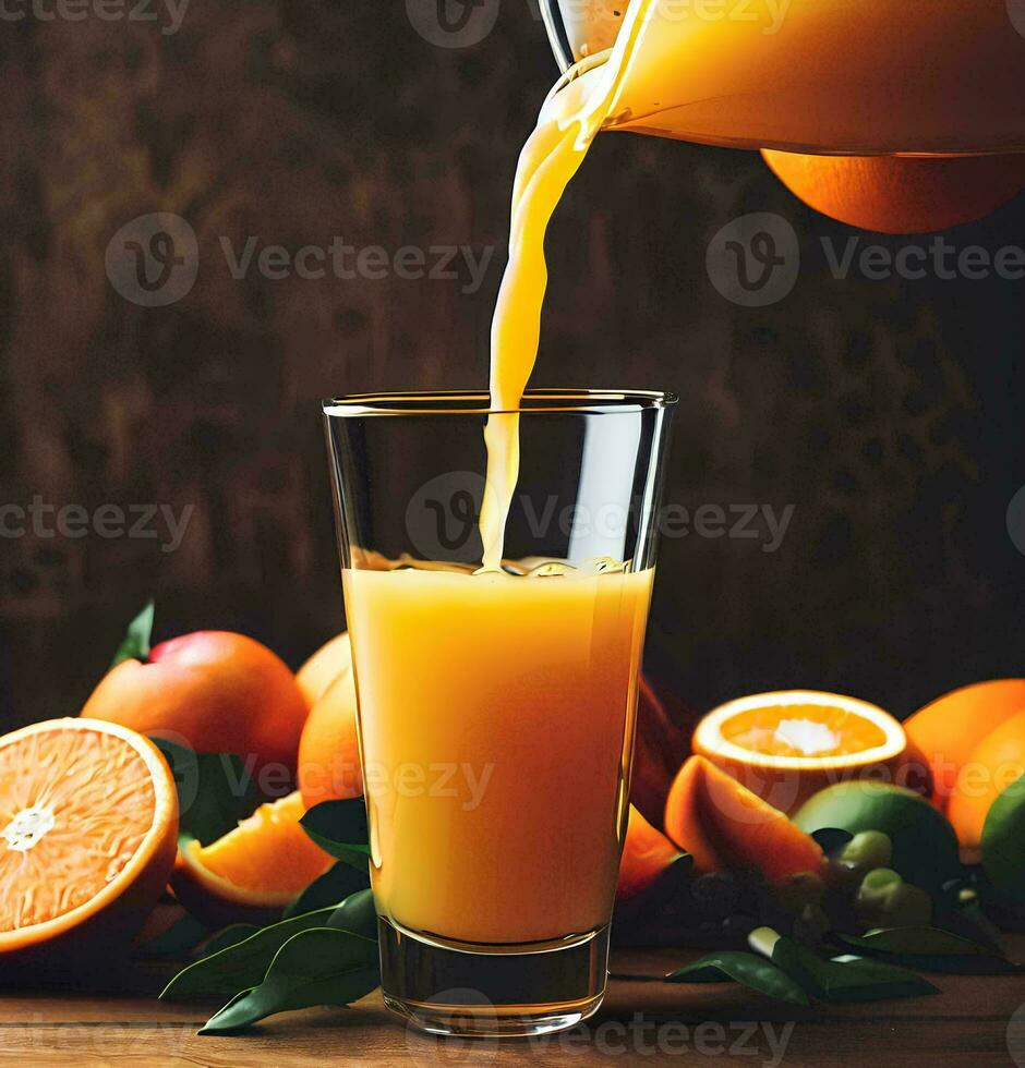 Orange juice being poured into a glass with fresh fruit on wooden background AI Generated photo
