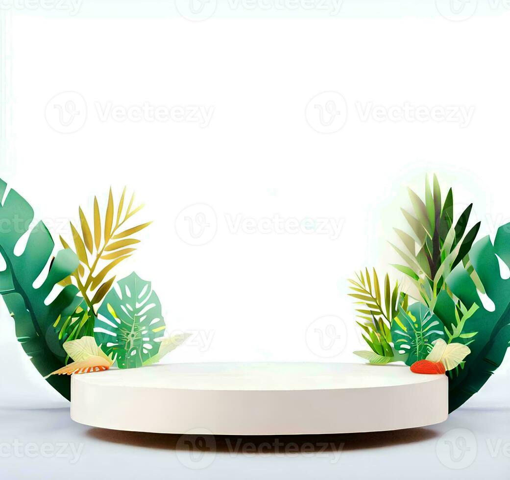 Summer themed tropical podium for display product. Background for cosmetic product branding, identity and packaging isolated on white background with empty space AI Generated photo