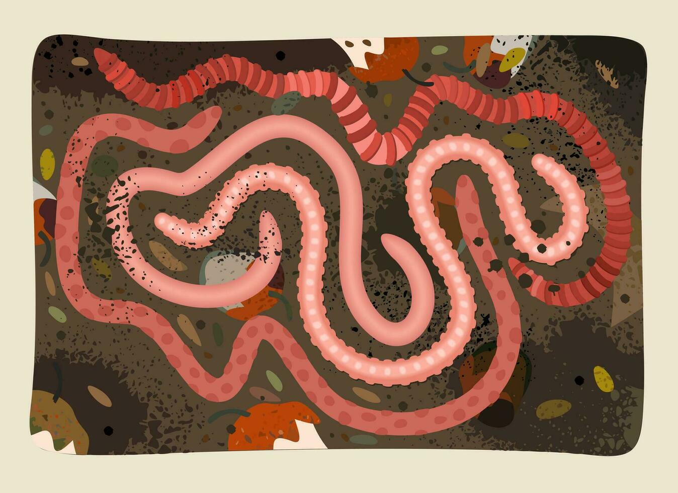 Worms in compost. Organic waste concept. Vector illustration of worms, soil, leaves and rotted food