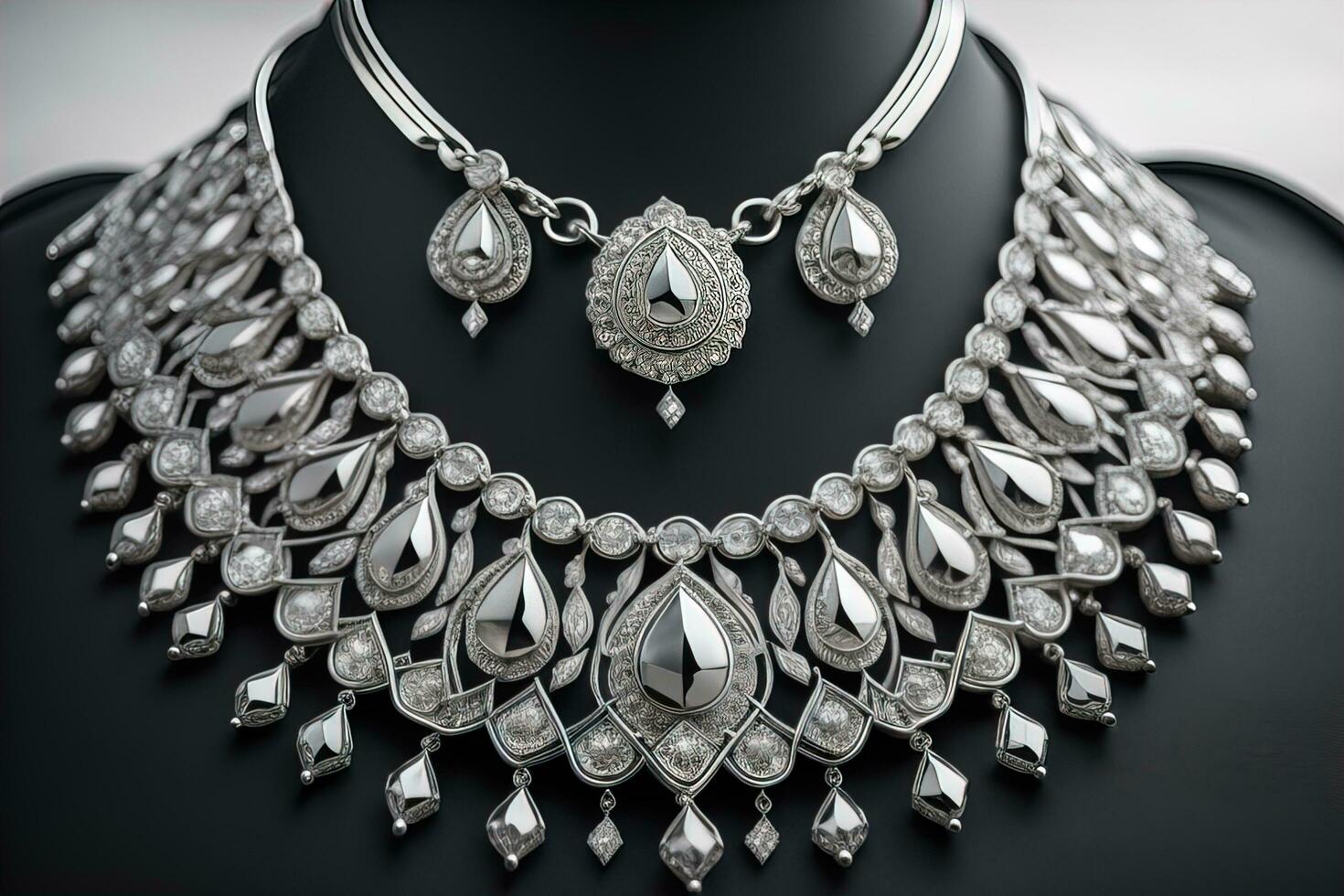 Silver necklace on a solid color background in close-up. ai generative photo