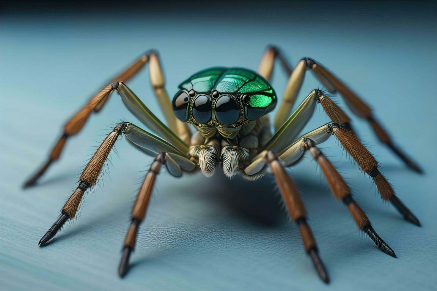 jumping spider closeup on solid color background, copyspace. ai generative photo