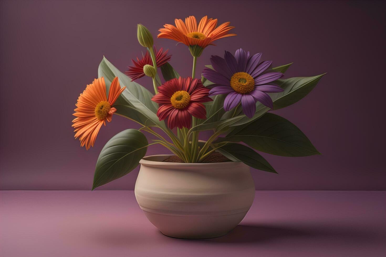 Flowers in a pot on a solid color background. ai generative photo