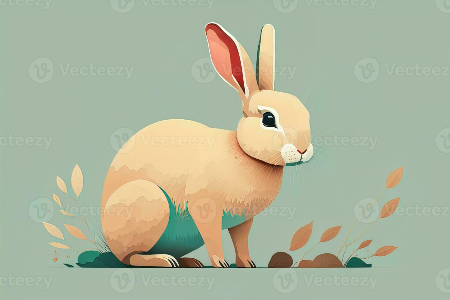 Vector illustration of a cute white rabbit sitting on a gray background. ai generative photo