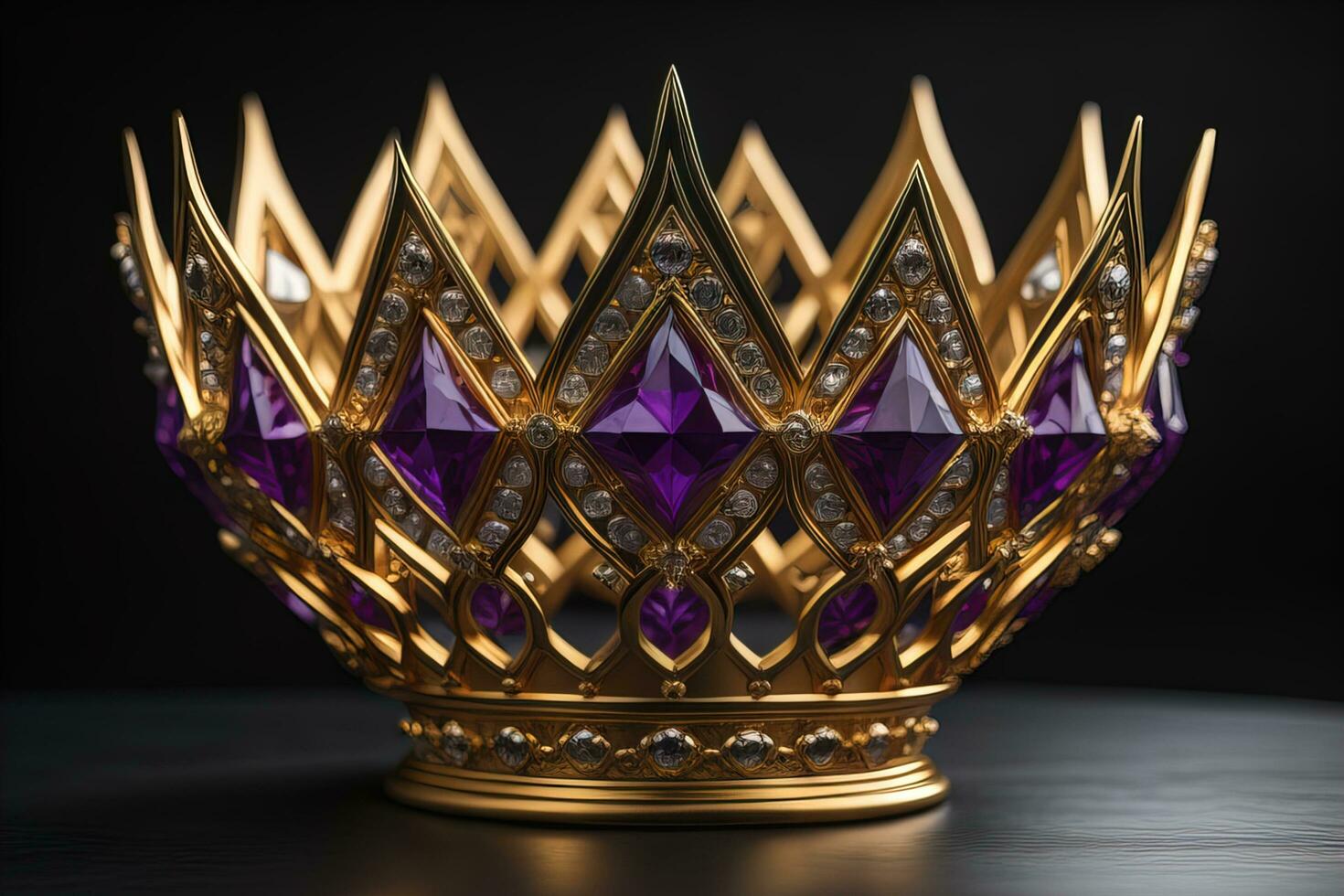 low key image of beautiful golden queen, king crown. ai generative photo