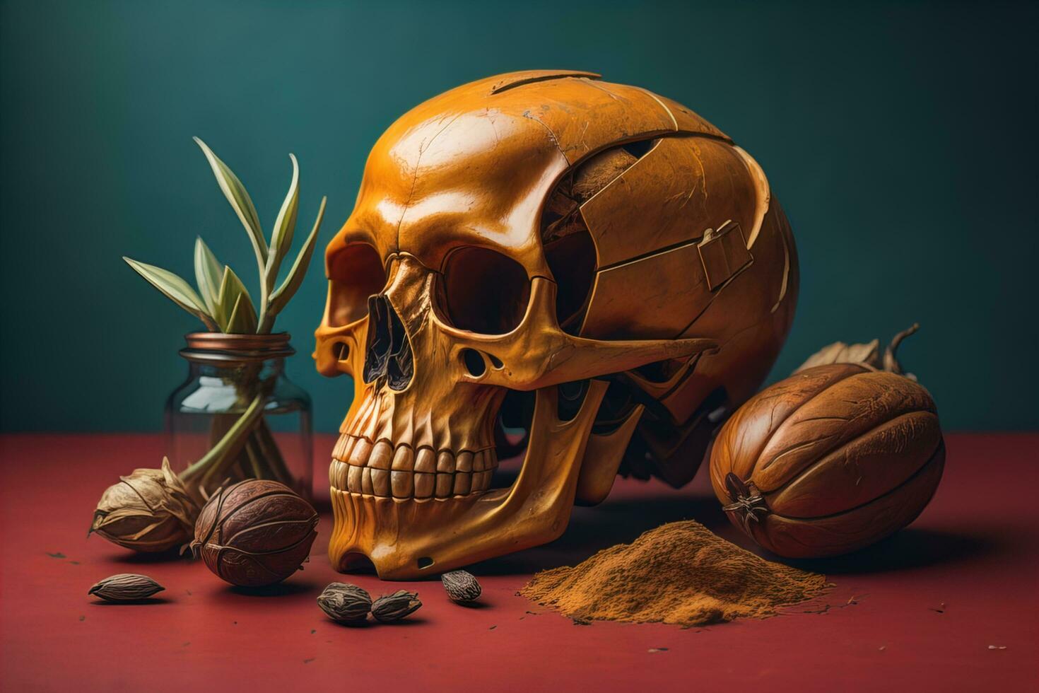 a human skeleton on a solid color background. ai generative photo