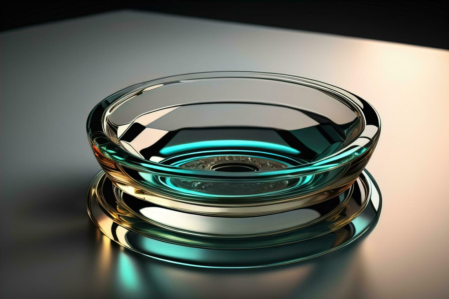 Empty glossy transparent ashtray on a dark background. ai generative photo