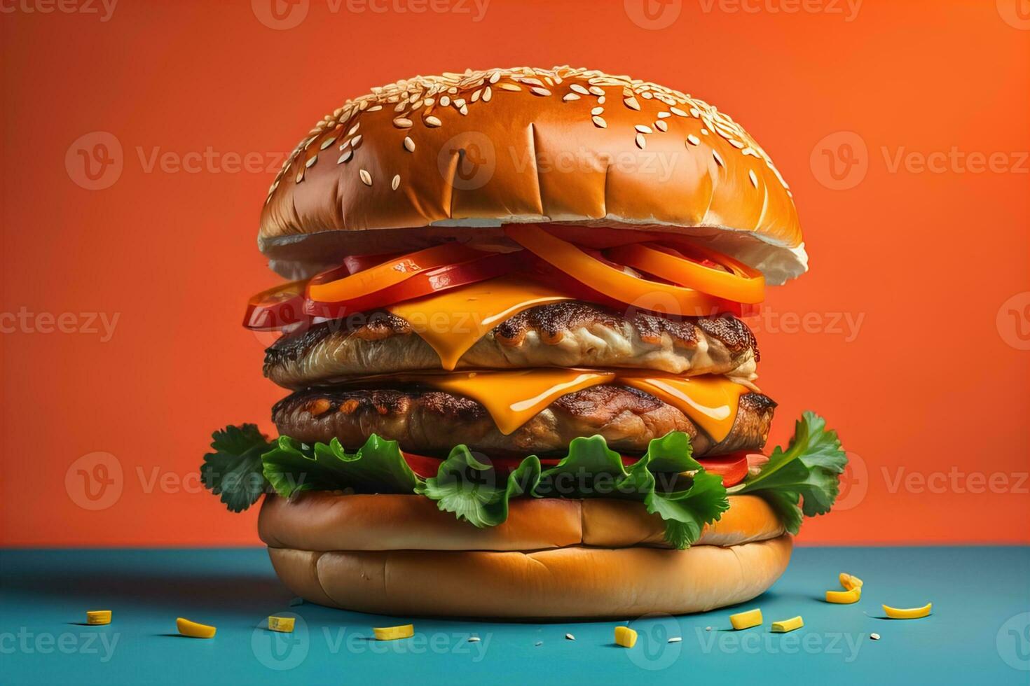 Big tasty hamburger on wooden table. ai generative photo