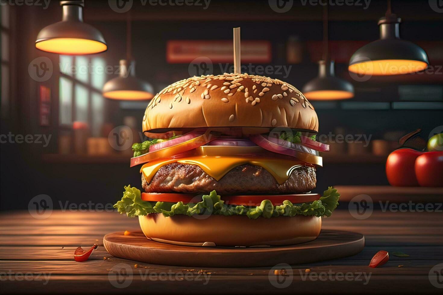 Big tasty hamburger on wooden table. ai generative photo