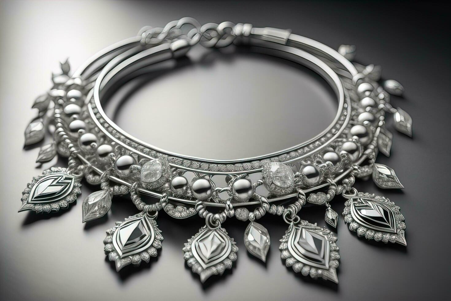 Silver necklace on a solid color background in close-up. ai generative photo