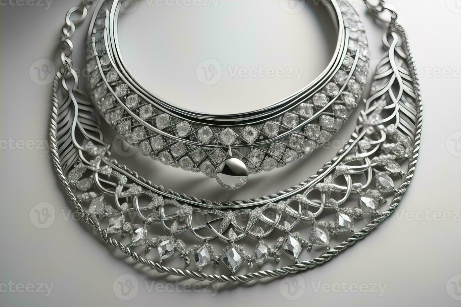 Silver necklace on a solid color background in close-up. ai generative photo