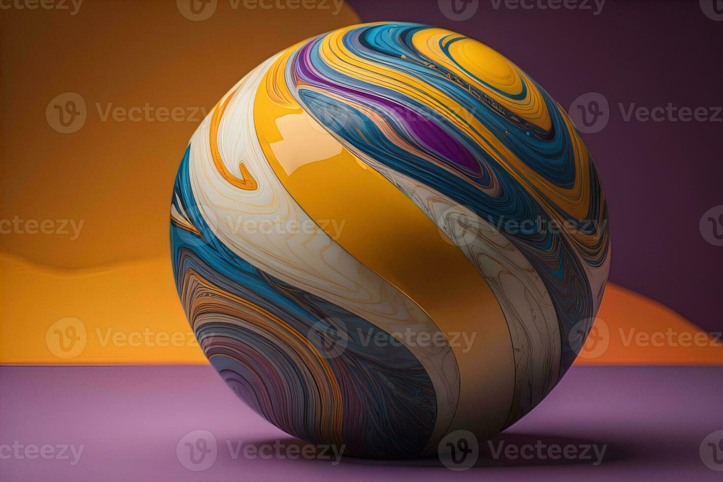 Colorful marble ball on a solid colour background. Close-up. ai generative photo