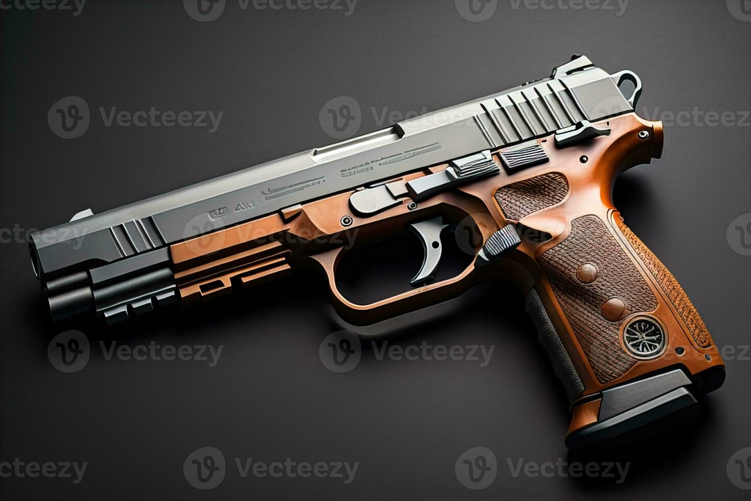 Semi-automatic handgun on a solid color background. Close-up. ai generative photo