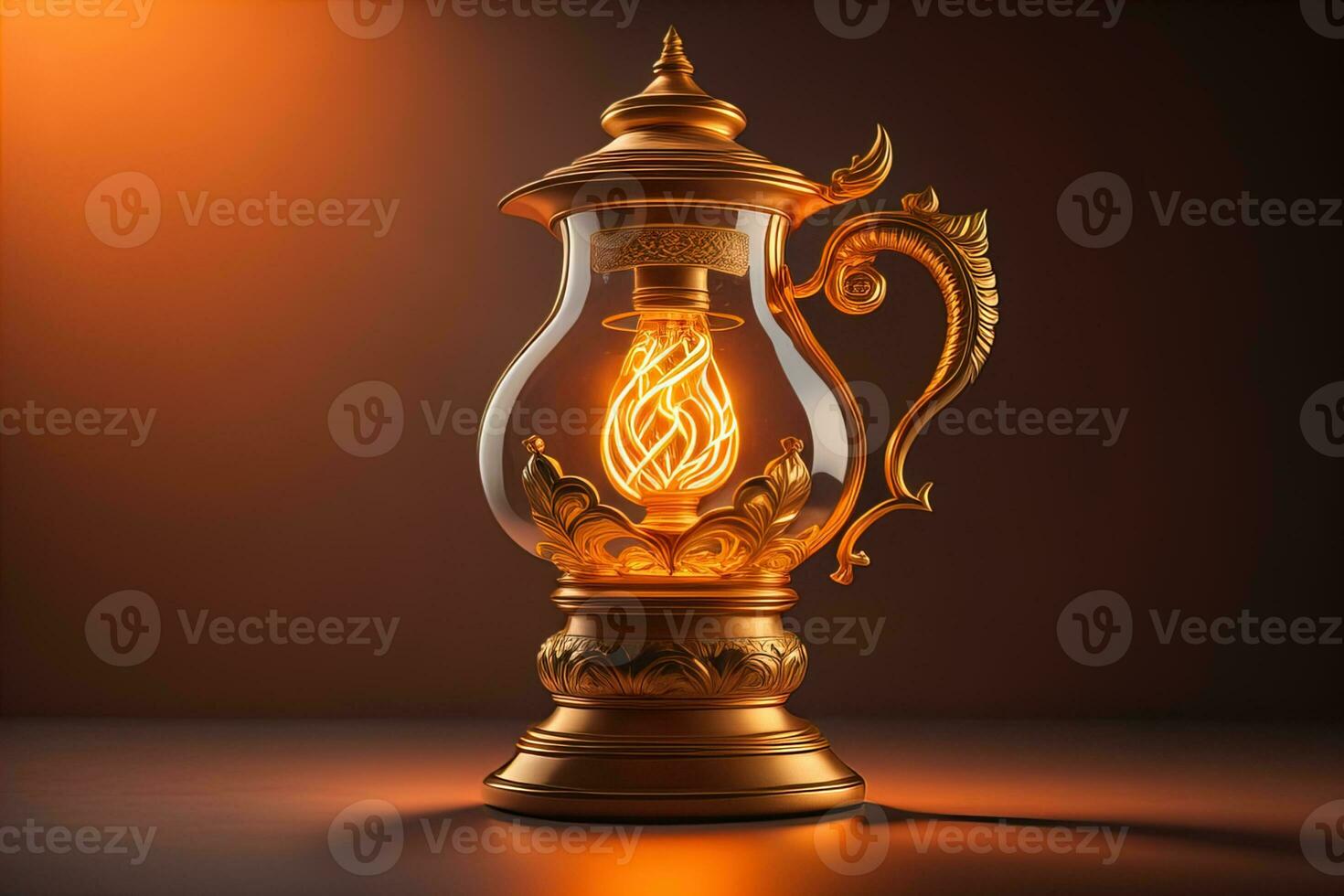 Lantern on a wooden table and a dark background. ai generative photo