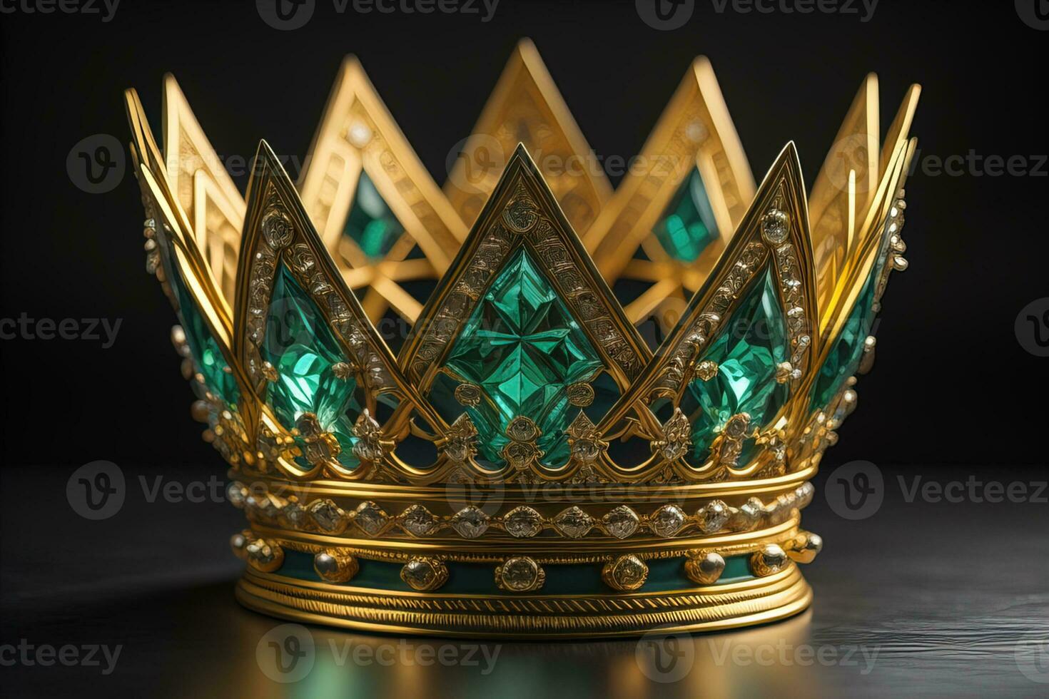 low key image of beautiful golden queen, king crown. ai generative photo