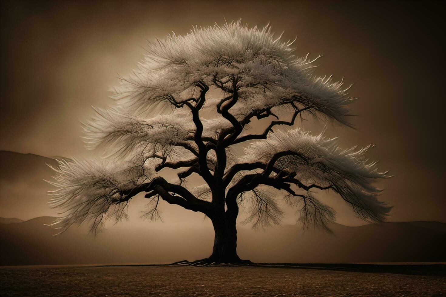 Fantasy Silhouette of a tree in the desert. ai generative photo