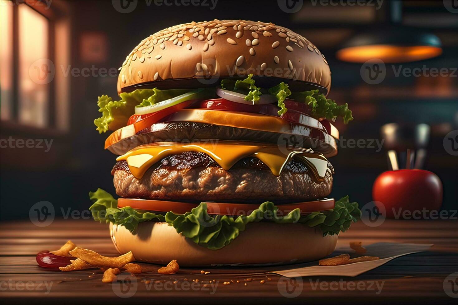 Big tasty hamburger on wooden table. ai generative photo