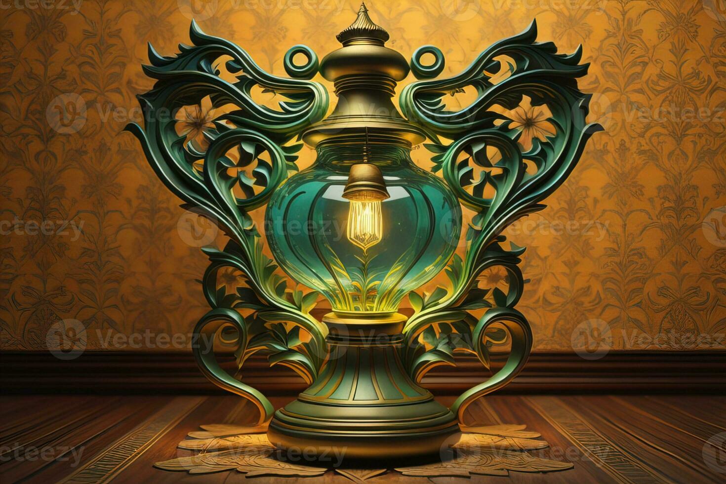 Lantern on a wooden table and a dark background. ai generative photo