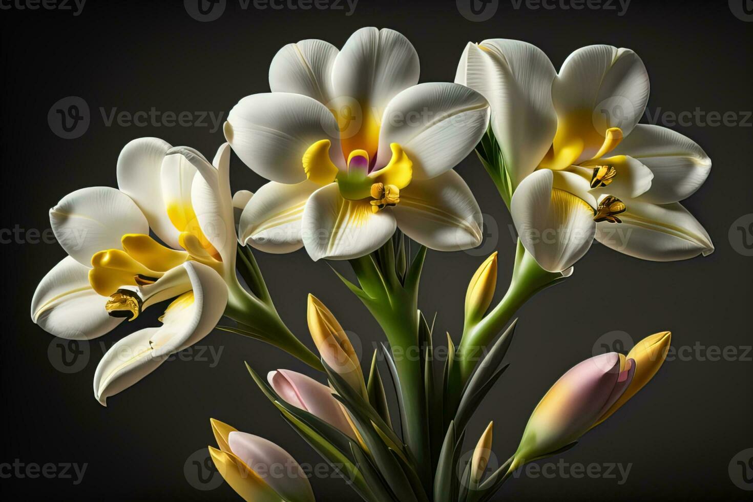 bouquet of white lilies on a solid color background. ai generative photo