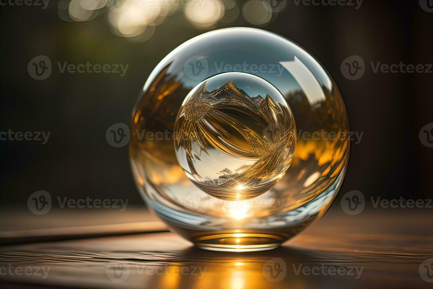 Transparent crystal ball on a wooden table. ai generative photo