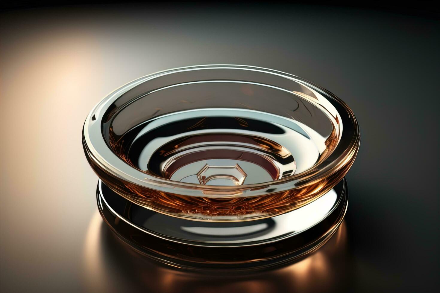 Empty glossy transparent ashtray on a dark background. ai generative photo