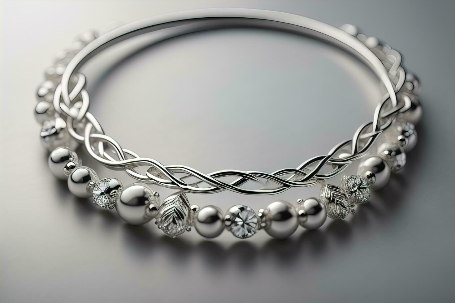 Silver necklace on a solid color background in close-up. ai generative photo