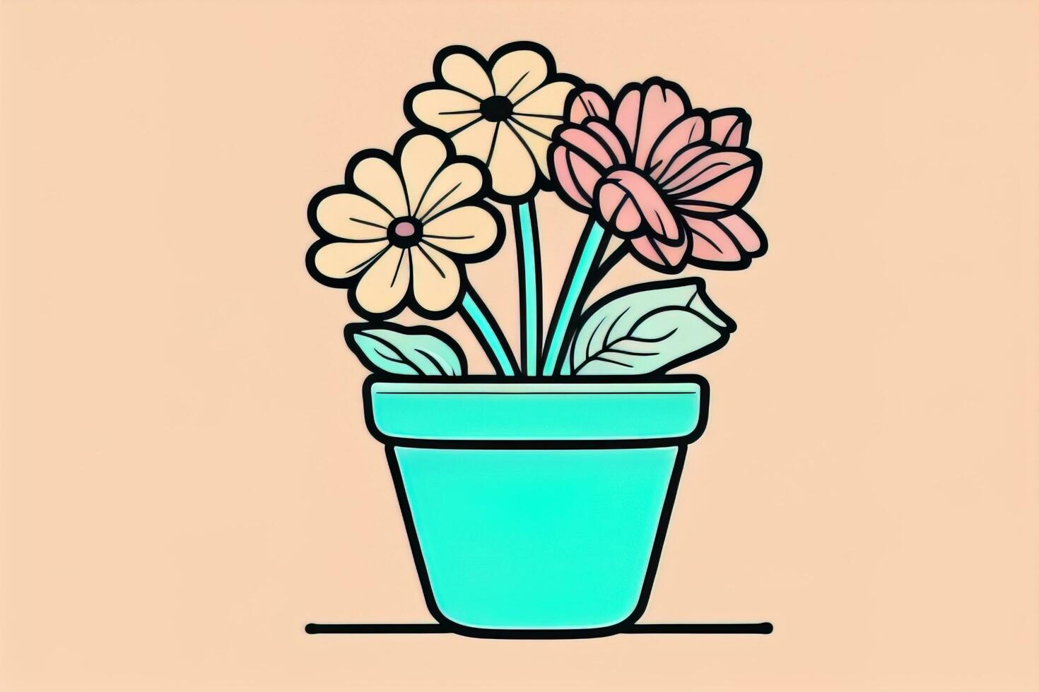 Illustration of a flowerpot with pink and blue flowers on a gray background. ai generative photo