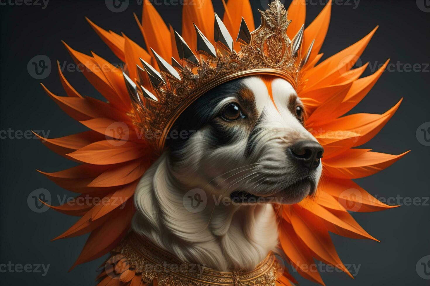 Portrait of a cute dog in a golden crown on a solid color background. ai generative photo