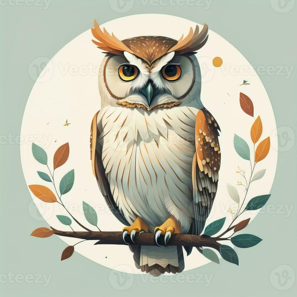 Owl sitting on a branch with leaves. Vector illustration in retro style. ai generative photo