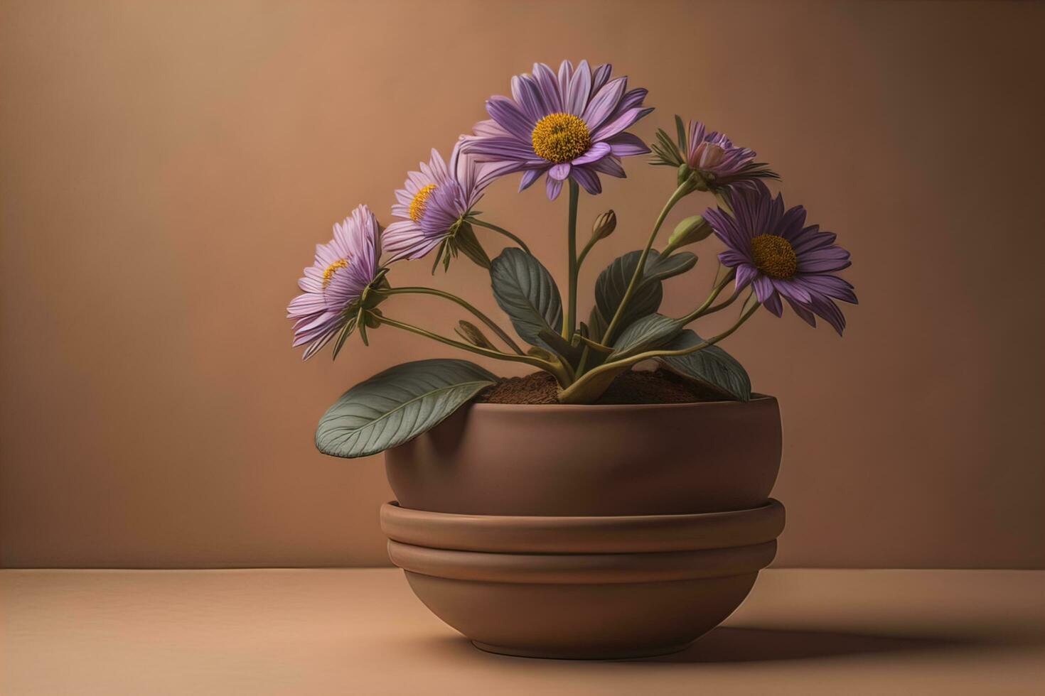 Flowers in a pot on a solid color background. ai generative photo