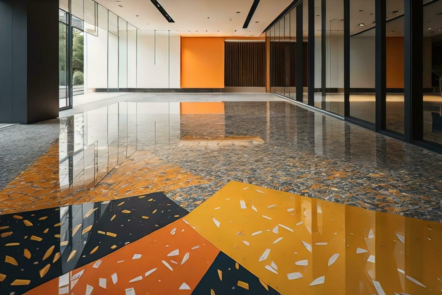 Interior of a hotel lobby with marble floor and colorful wall tiles. ai generative photo
